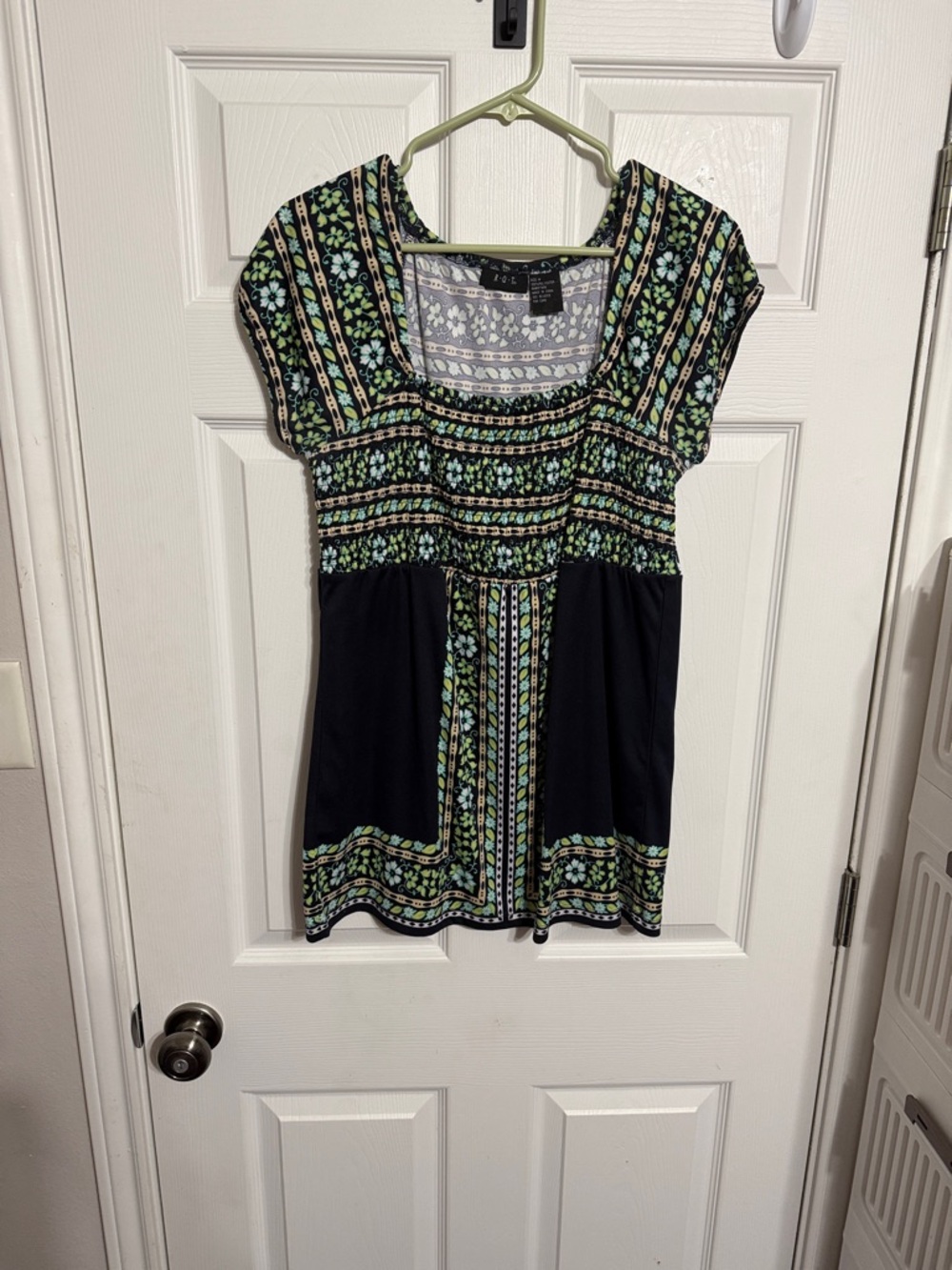 Black Tunic Top with Green Patterned Accents